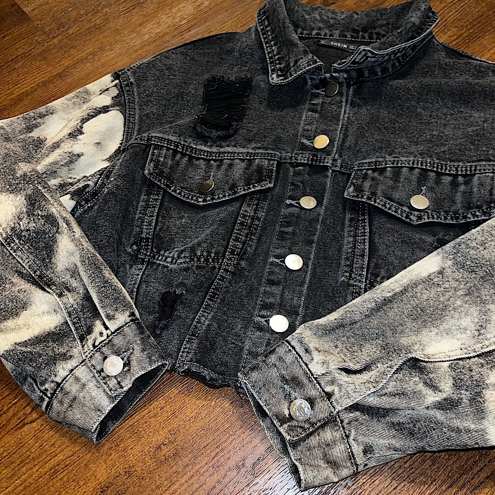 Black Distressed Punk Gray Acid Wash Sleeves Crop Moto Button Up Jacket Size S - Picture 6 of 12